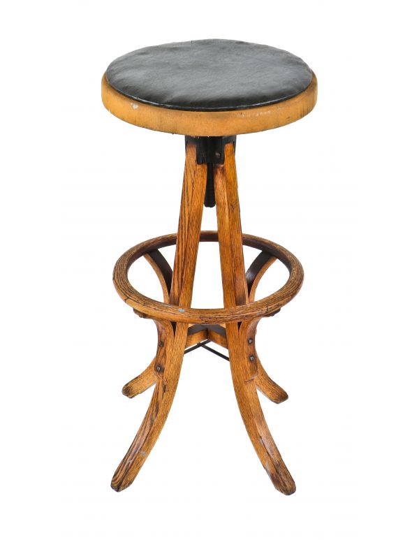 original and intact collectible late 19th century antique american industrial model "2307k" solid oak wood adjustable height drafting stool with original woven fabric seat 