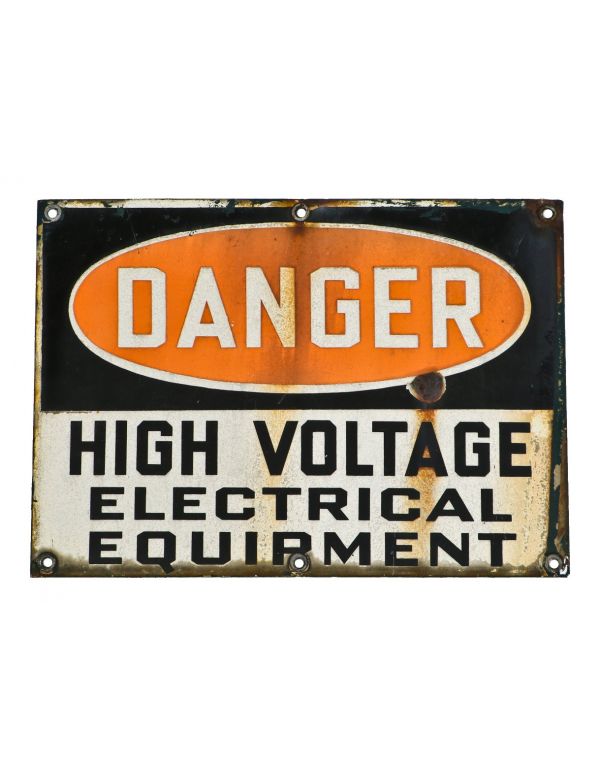 original and rare early 1920's antique american industrial salvaged chicago single-sided vitreous enameled "high voltage electrical equipment" danger or cautionary factory sign with nicely aged patina