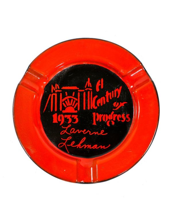 brightly colored intact 1933-34 "century of progress" chicago world's fair porcelain enameled customized souvenir ashtray made on the fairgrounds 