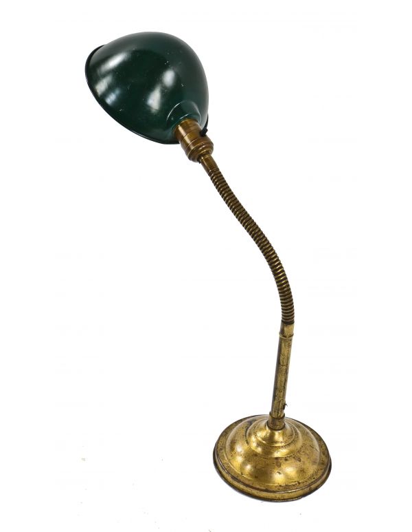 original c. 1920's antique american industrial adjustable polished brass gooseneck coiled arm table lamp with intact green enameled parabolic pressed steel reflector