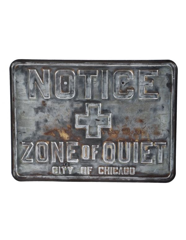 original very hard to find and highly desirable c. 1940's antique american heavy gauge stamped steel city of chicago cook county hospital "zone of quiet" notification sign