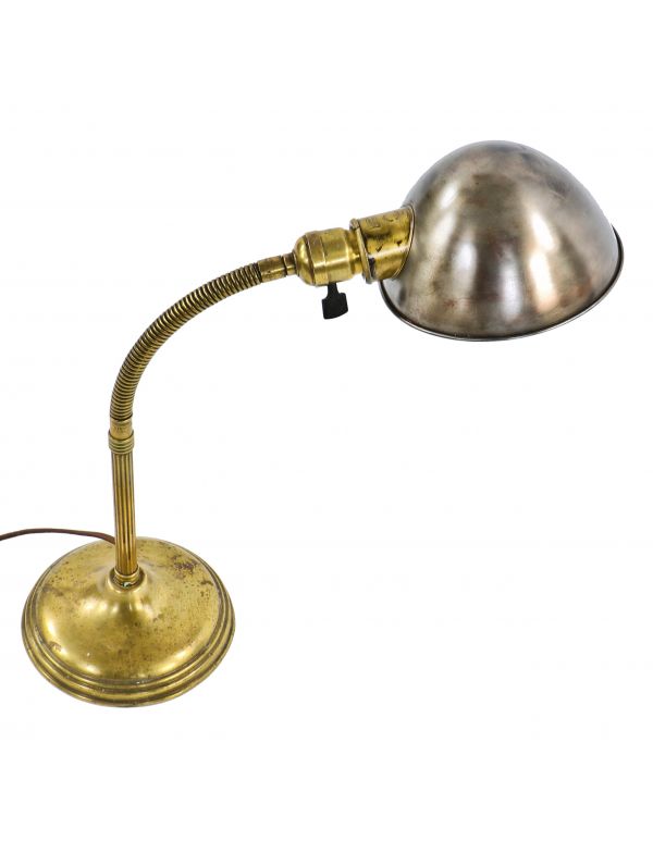 early 20th century refinished american industrial brushed steel and yellow brass factory office table lamp with adjustable gooseneck arm and rolled rim shade