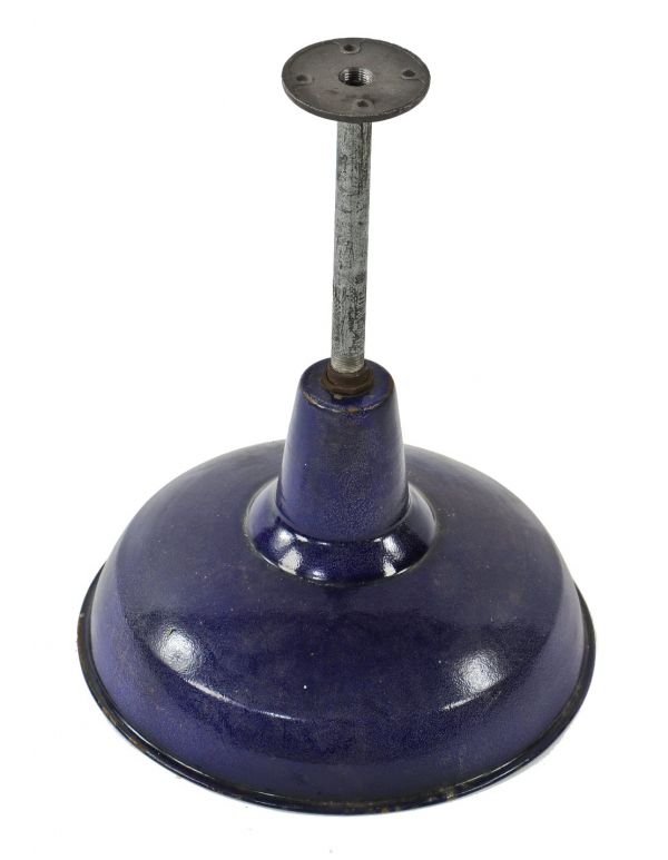 single early 20th century antique american cobalt blue porcelain enameled cold-rolled steel "maxolite" pendant light or reflector with post and flange 