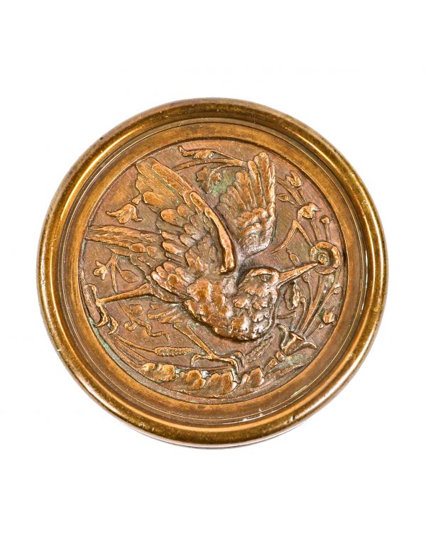 exceptional original c. 1880's antique american ornamental cast bronze "hummingbird" drum-shaped figural residential doorknob with finely cast detail and nicely aged surface patina 