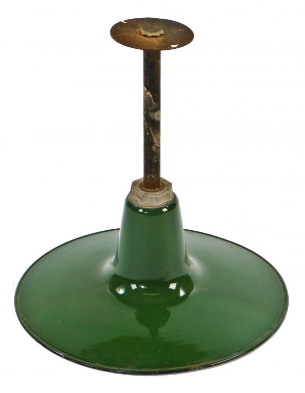 all original c. 1920's green porcelain enameled shallow or flat bowl fully functional factory ceiling pendant light or reflector with original pipe and ceiling cap