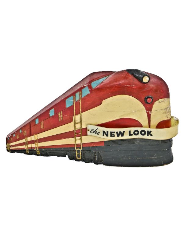 unique and highly individualistic late 1940's original polychromatic carved wood hand-painted american streamlined style f3 locomotive promotional display piece