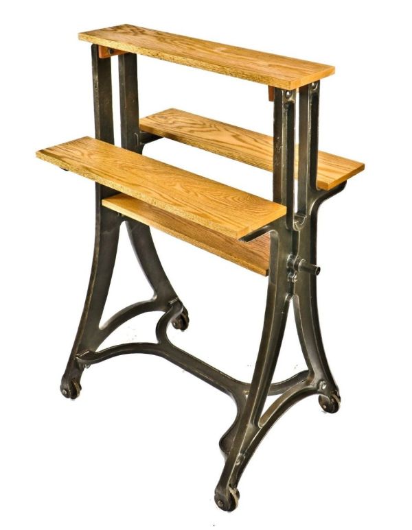 early 20th century american antique solid cast iron industrial commercial repurposed hotel garment washer stand with newly added oak wood display shelves