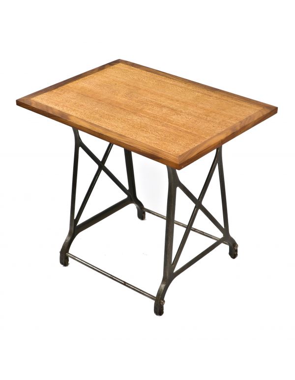 original and totally unique low-lying early 20th century repurposed factory office salvaged adding machine brushed iron stand with new added solid walnut and mahogany wood tabletop 