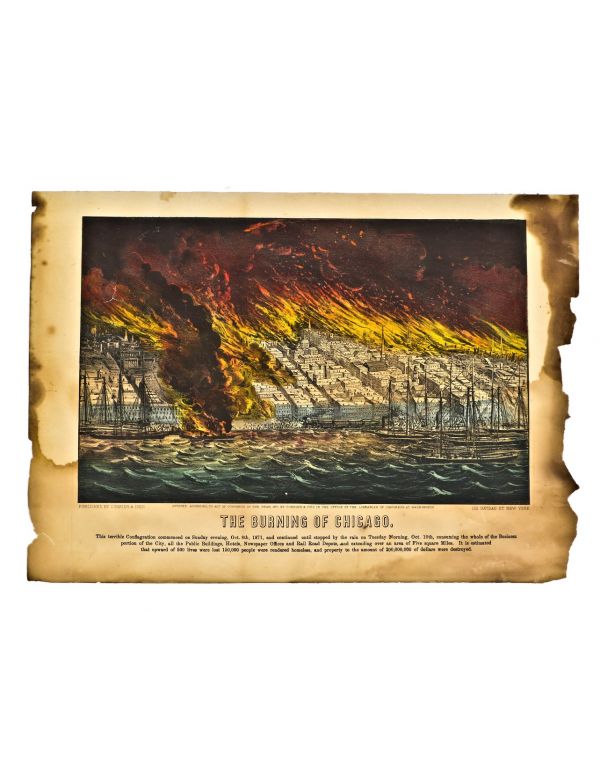 rare all original and largely intact c. 1871 richly colored currier and ives "the burning of chicago" hand-tinted lithograph depicting downtown chicago consumed in fire 