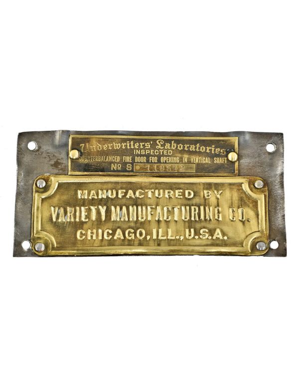 single early 20th century original crane brothers factory building riveted joint brass and iron "variety" elevator door name plate or plaque with underwriters' identification tag