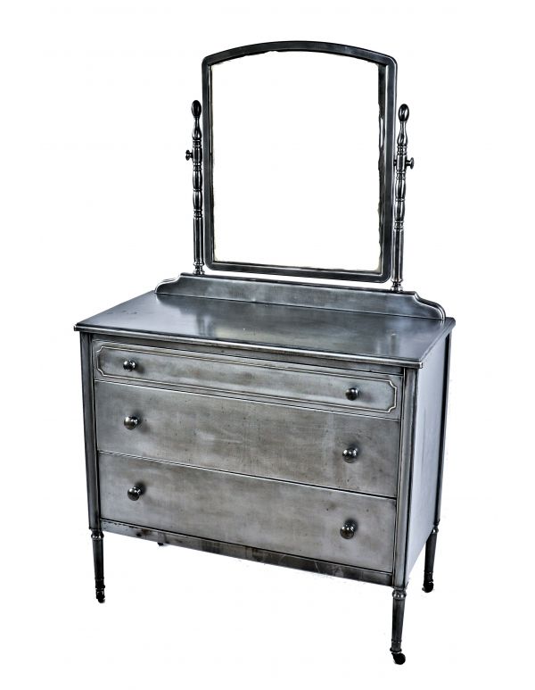 completely refinished antique american industrial depression era brushed heavy gauge steel "low boy" simmons multi-drawer cabinet with original tilting mirror