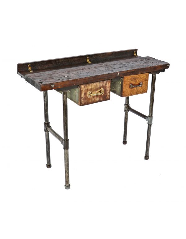 unique original early 20th century antique american industrial four-legged freestanding factory machine shop workbench with two oversized pull-out drawers 