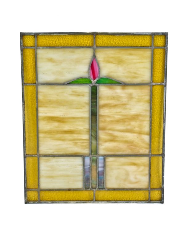 original c. 1930's salvaged chicago bungalow variegated glass interior residential leaded glass window with centrally located floral motif 