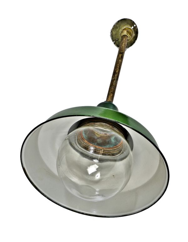 highly sought after all original "explosion proof" green porcelain enameled chicago factory pendant light fixture with impact-resistant oversized glass globe 