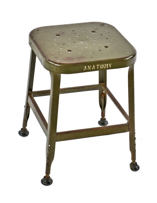 all original c. 1950's reinforced army green enameled salvaged chicago public school "anatomy" classroom pressed and folded steel lyon stool with stenciled lettering