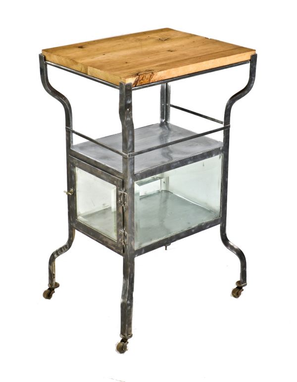 refinished early 20th century antique american medical mobile salvaged chicago hospital operating room cart and/or side table with glass cabinet