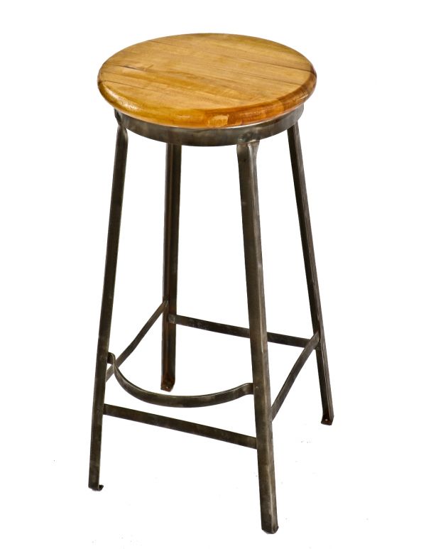 completely refinished c. 1930's american depression salvaged chicago industrial factory machine shop four-legged stool with solid rounded edge maple wood seat