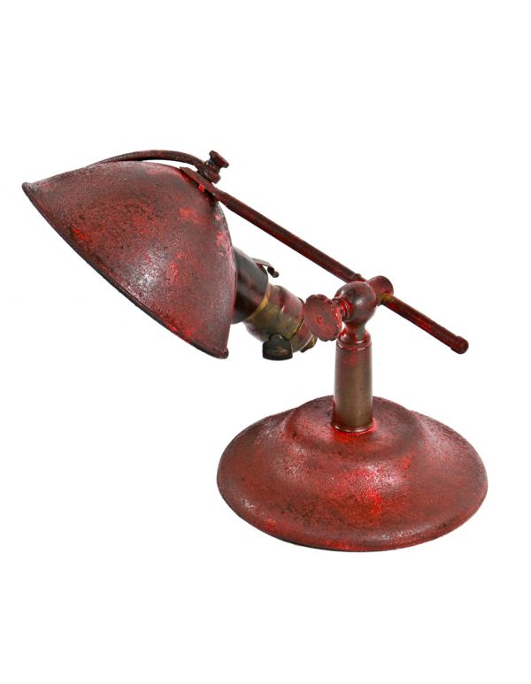 original early american industrial fully adjustable "lyhne" portable desk or table rewired lamp with weathered and worn red paint finish 