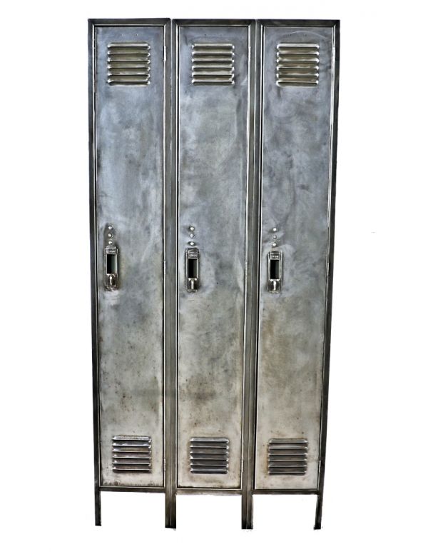 c. 1940's american vintage industrial brushed metal freestanding triple-unit factory lunchroom locker with louvered hinged doors