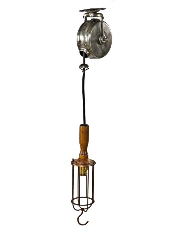 original c. 1920's antique american industrial ceiling-mount "reelite" drop-down pendant lamp with turned wood handle and reinforced cage or bulb guard