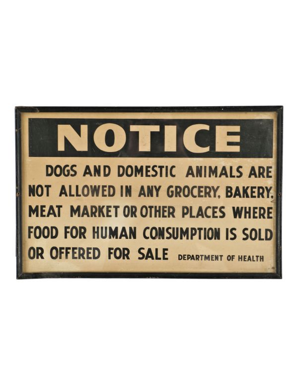 completely intact all original american depression era interior framed glass grocery market department of health notification sign 