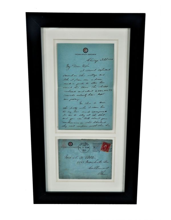 framed and matted c. 1911 hand-written letter with stationary and matching envelope from the chicago athletic association hotel 