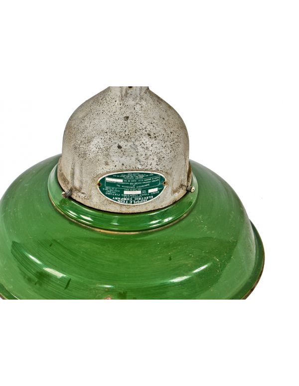 original hard to find green porcelain enameled appleton "explosion proof" wrigley chewing gum factory pendants with reinforced glass globe