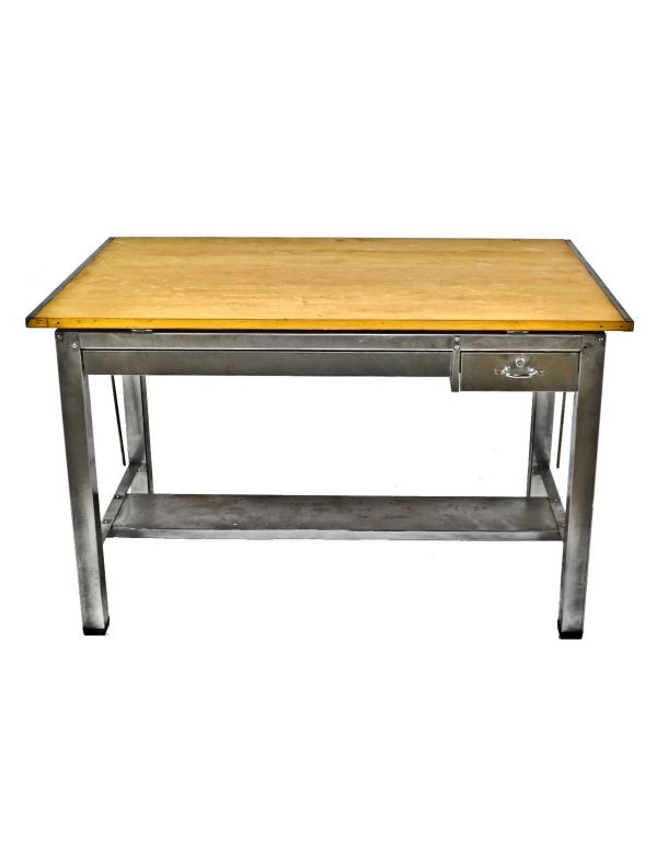  completely refinished oversized vintage american industrial salvaged chicago adjustable top drafting table with single pull-out drawer
