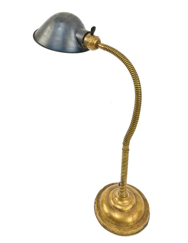 early 20th century completely intact and fully rewired adjustable faries gooseneck table lamp with weighted base and enameled parabolic reflector 