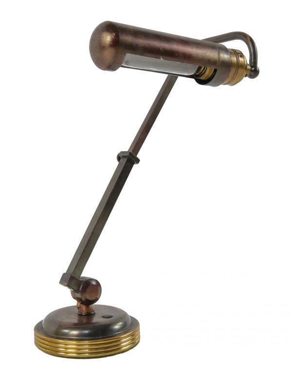 exceptional late 1930's american machine age telescoping normandy bronze-plated brass office desk or table lamp with tubular-shaped light bulb reflector  
