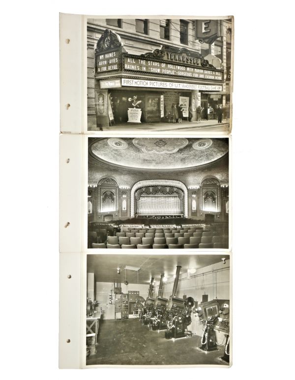group of three original one-of-a-kind silver gelatin prints depicting the tennessee theater's exterior horizontal marquee, interior auditorium, and projection booth 