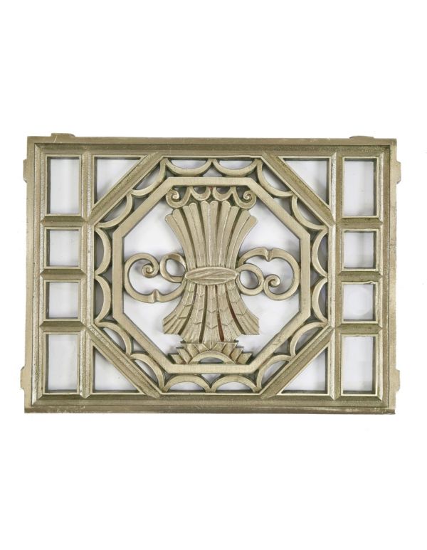 exceptional all original american depression-era nickel-plated stock exchange building cast bronze elevator or wall-mount ventilation grille with centrally located bundled wheat design