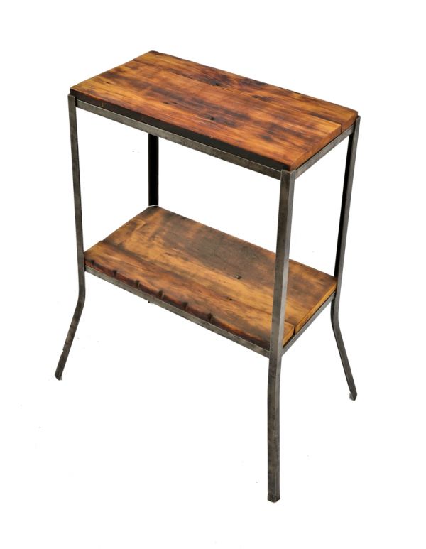 refinished two-tier american industrial brushed metal angled iron stationary side table with newly added sanded and stained pine wood tabletop and undershef