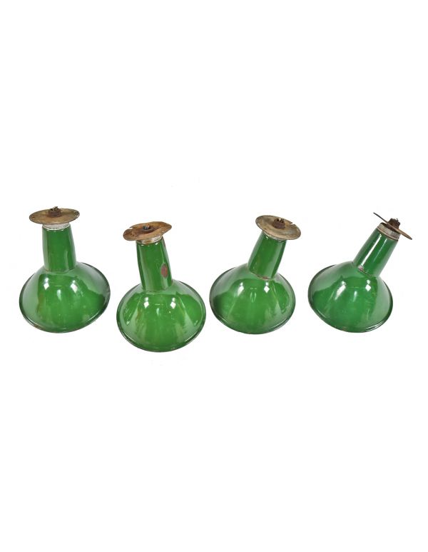group of four matching diminutive american depression salvaged chicago crane brothers factory building exterior wall-mount green porcelain enameled light fixtures 