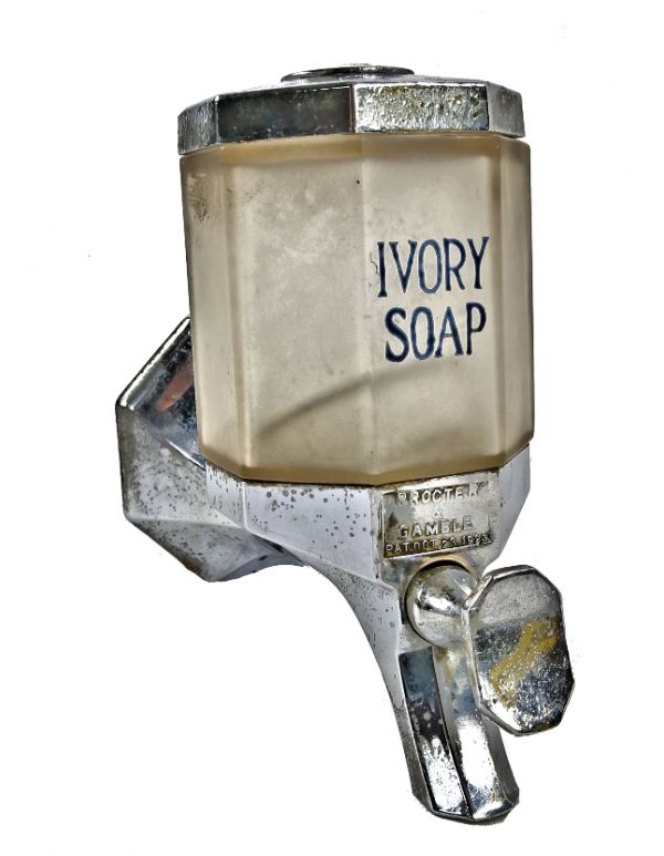 original and intact c. 1920's multi-faceted frosted glass "ivory soap" salvaged chicago wall-mount soap dispenser with intact plunger and mounting bracket