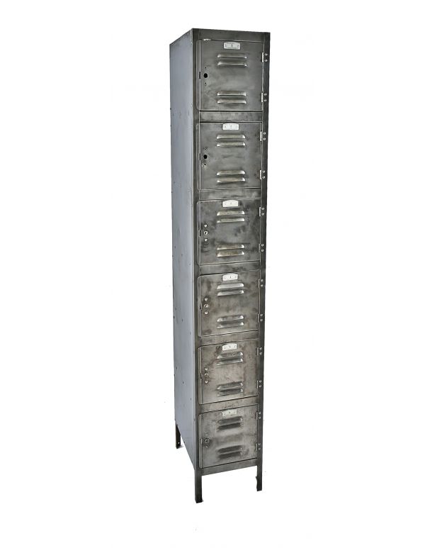 clean and compact c. 1940's refinished brushed heavy gauge steel salvaged chicago textile factory freestanding locker with six equally-shaped compartments 