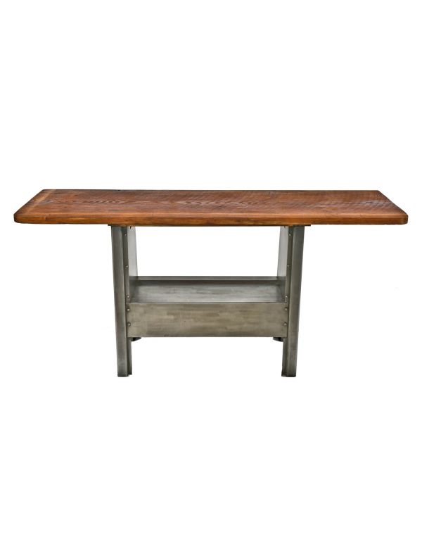 repurposed c. 1930's american antique industrial salvaged chicago textile factory reinforced machine shop steel base with refinished solid oak wood tabletop 