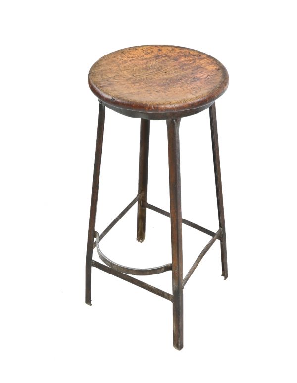 backless 1940's pollard brothers four-legged riveted and welded steel adjustable height factory stool with original solid maple wood seat 