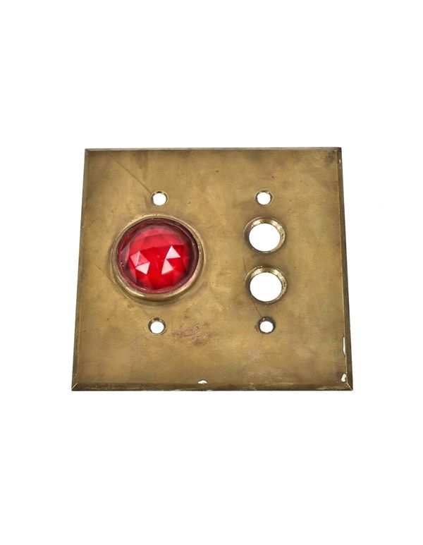 original c. 1920's original and intact flush mount masonic temple push button switch plate with intact richly colored ruby red faceted glass indicator light 