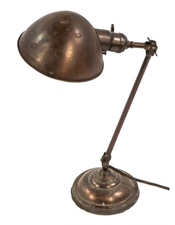early 20th century antique american industrial double-jointed faries fully adjustable table or desk lamp with parabolic shade and original glass diffuser lens