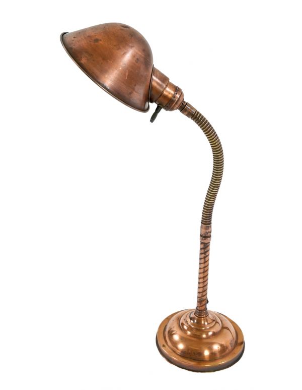 original early 20th century antique american industrial adjustable gooseneck faries tablelamp with rolled rim parabolic reflector and weighted base  