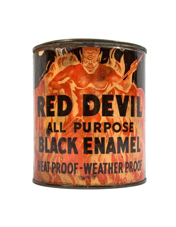 original c. 1940's "red devil" black enamel salvaged chicago paint can with remarkable intact paper label depicting a deil surrounded by flames  