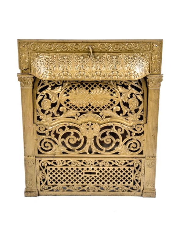 original late 19th century fully functional salvaged chicago interior residential ornamental cast iron fireplace gas insert with intact 3-section perforated grille 