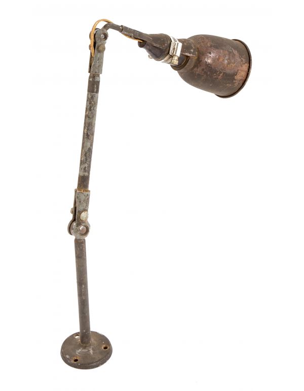 c. 1940's salvaged chicago vintage industrial double-joint articulating arm "localite" factory machinist shop task lamp with uniquely shaped shade and paddle switch socket 