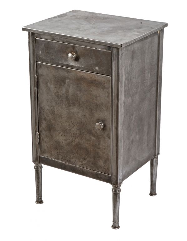 highly desirable refinished c. 1930's american made "simmons" cold-rolled pressed and folded steel side table with single pull-out drawer and hinged cabinet door 