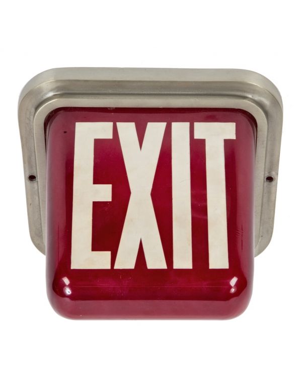 richly colored ruby red art deco style depression salvaged chicago theater house illuminated exit light with stepped brushed aluminum shade fitter