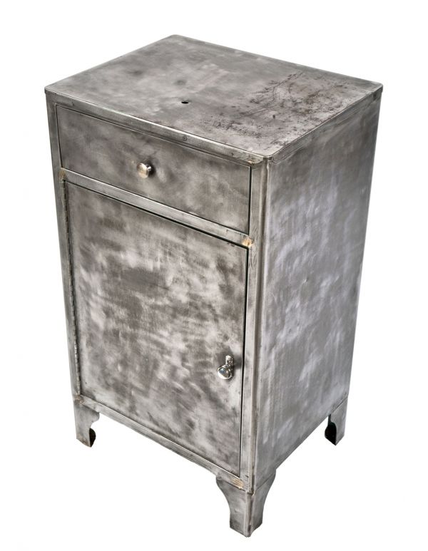 refinished c. 1930's vintage american industrial cold-rolled steel stationary medical cabinet with single pull-out drawer and hinged cabinet door