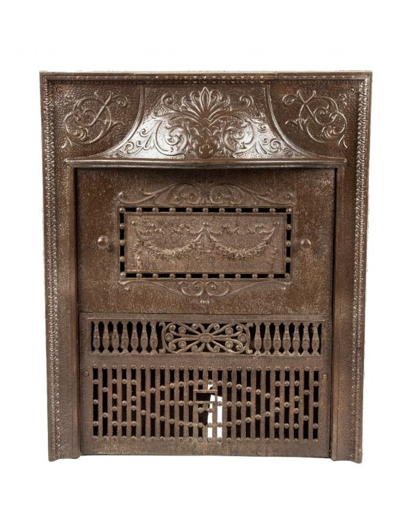 original 19th century ornamental cast iron dawson brothers interior residential salvaged chicago fireplace mantel gas insert with detachable summer cover 