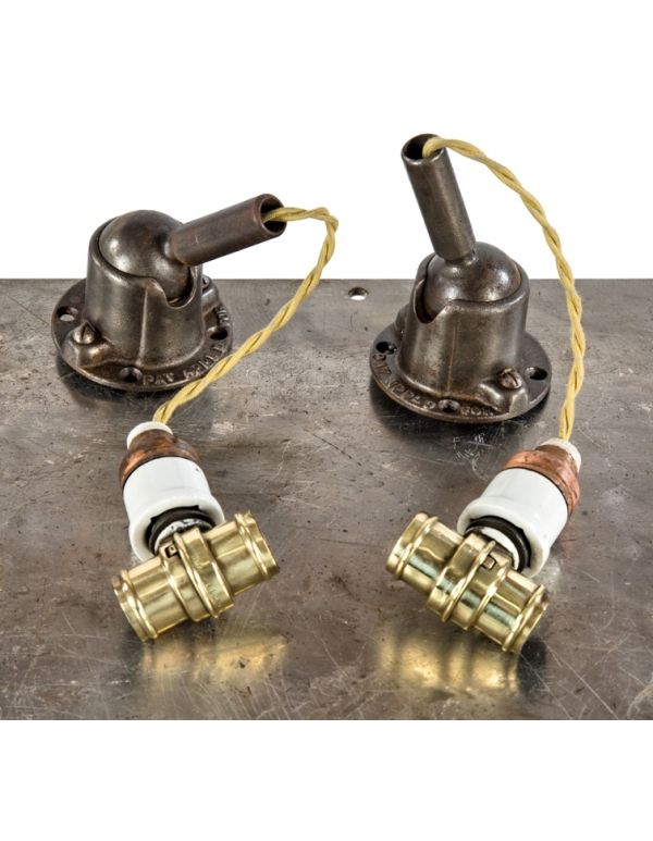 pair of 19th century crane brothers factory building ceiling or wall-mount faries wood and cast iron ball joint ceiling cap pendant lights or sconces with swivel sockets 