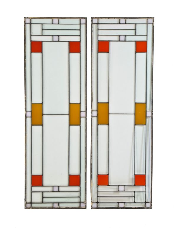 pair of original strongly geometric leaded glass windows with brightly colored flashed glass designed by william drummond for 1919 avery coonley playhouse remodel